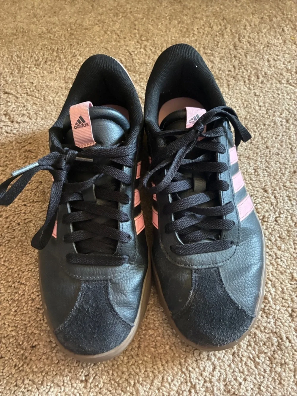 Adidas VL Court 2.0 Black Leather Pink Stripe Gum Sole Sneakers size 7
